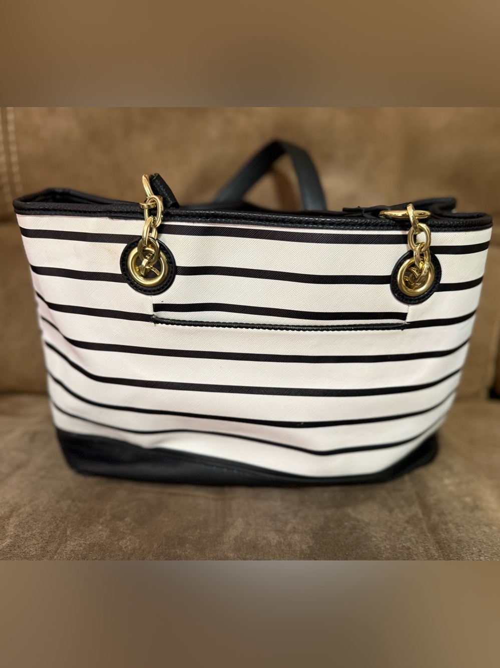 Liz Claiborne Black White Striped Tote Bag Gold Chain Shoulder Purse Large Chic - Picture 3 of 12